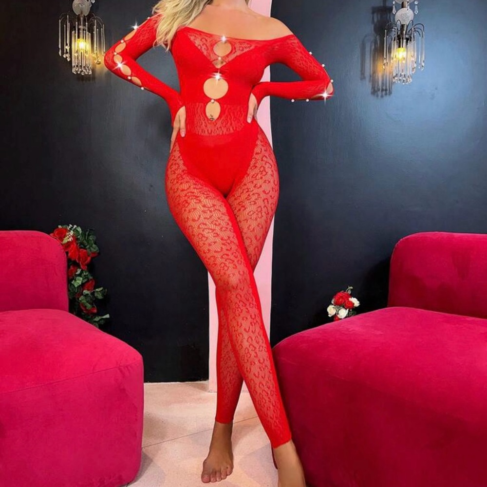 Rhinestone studded Cut out Bardot Body stocking